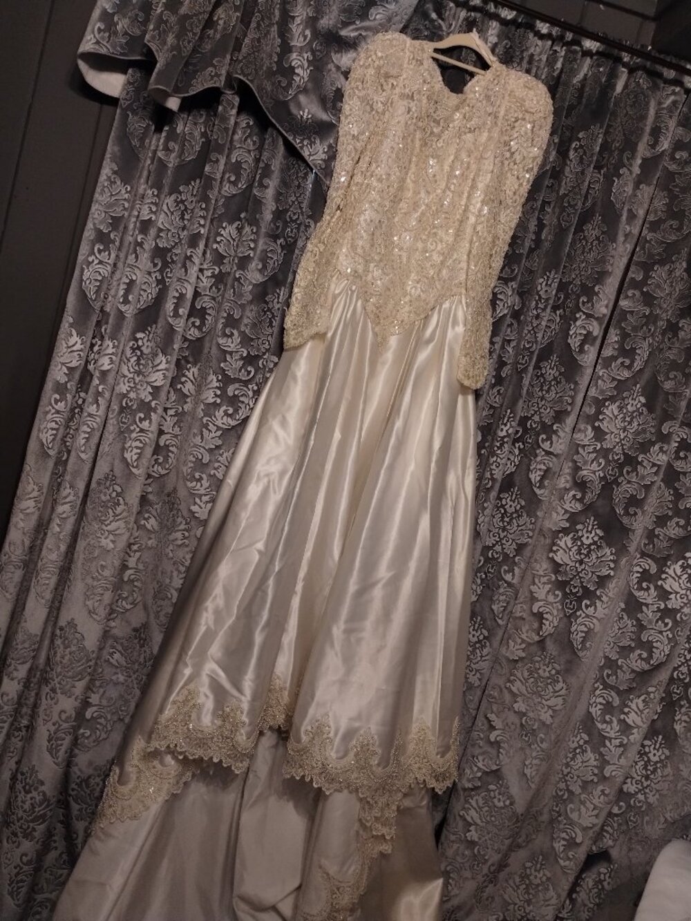 1980 Cream Ornate Beaded Bodice Satin Ballgown with Long Cathedral Train